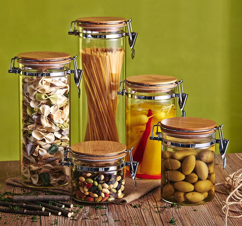 Borosilicate Glass Food Storage jar Clip Top Clear Glass Jar with Airtight Clamp Bamboo Lid