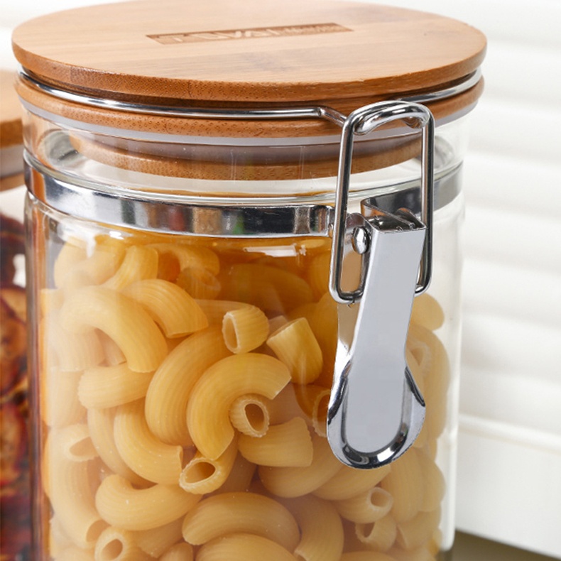 Borosilicate Glass Food Storage jar Clip Top Clear Glass Jar with Airtight Clamp Bamboo Lid