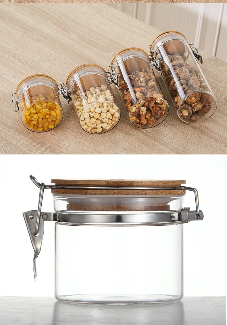 Borosilicate Glass Food Storage jar Clip Top Clear Glass Jar with Airtight Clamp Bamboo Lid