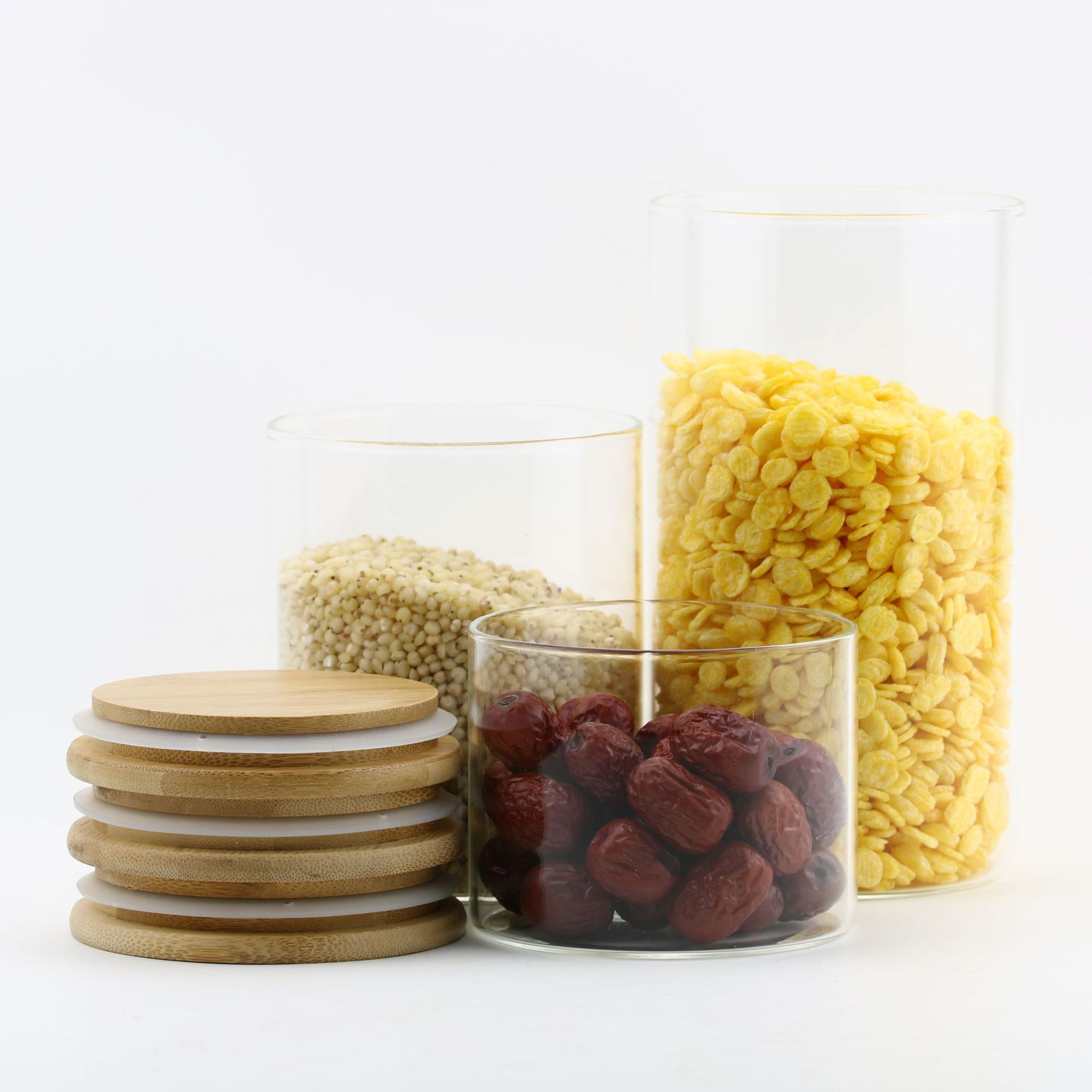 Borosilicate Glass Jar With Wood Lids Of 3 For Food Storage And Kitchen Organization Glass Jars And Bottles Glass Jar Bamboo Lid