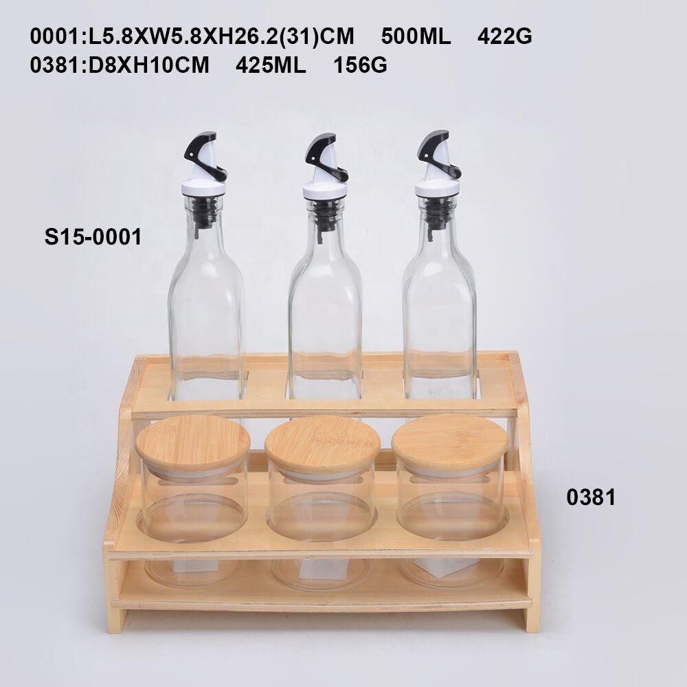 Borosilicate Glass Oil Bottle Set with Wood Rack