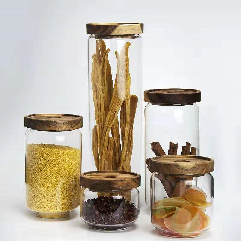 Borosilicate Glass Storage Jar With Bamboo Lid For Tube Shaped Glass Storage Jar For Glass Spice Jar With Wooden Lid