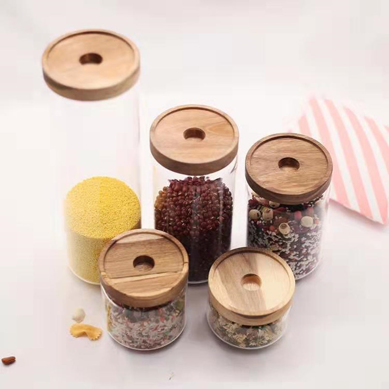 Borosilicate Glass Storage Jar With Bamboo Lid For Tube Shaped Glass Storage Jar For Glass Spice Jar With Wooden Lid
