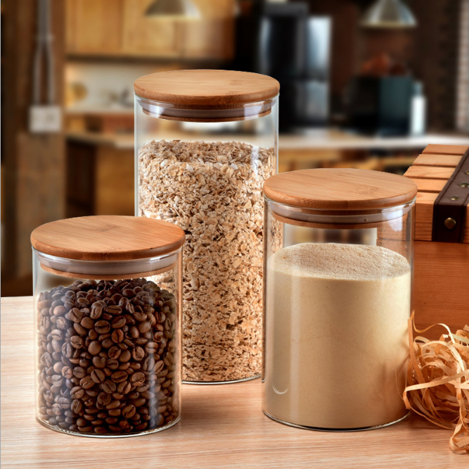 Borosilicate Glass Storage Jar With Bamboo Lid For Tube Shaped Glass Storage Jar For Glass Spice Jar With Wooden Lid