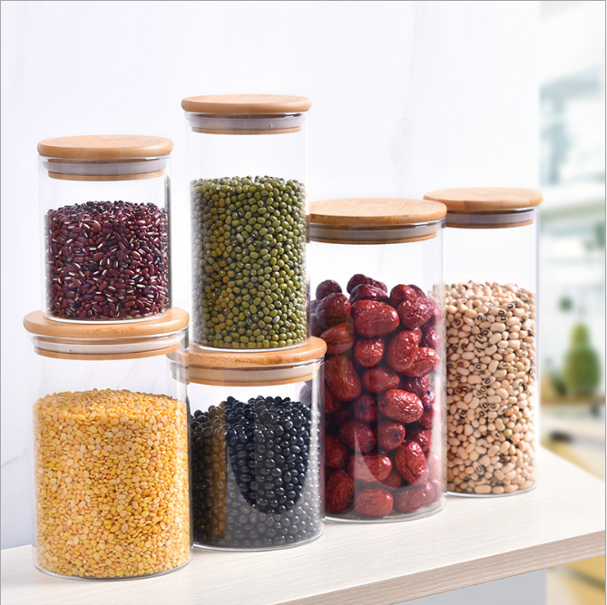 Borosilicate Glass Storage Jar With Bamboo Lid For Tube Shaped Glass Storage Jar For Glass Spice Jar With Wooden Lid