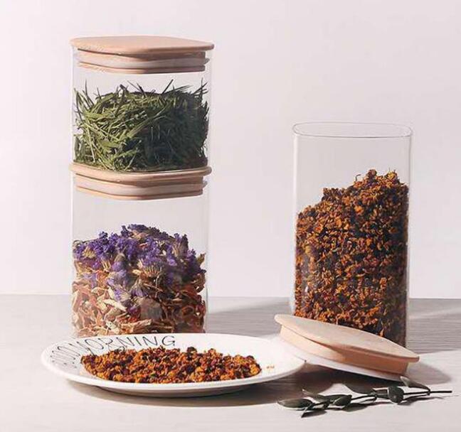 Borosilicate Hermetic Glass Jars Straight Square Glass Canisters With Bamboo Caps For Tea Candy Coffee Grains