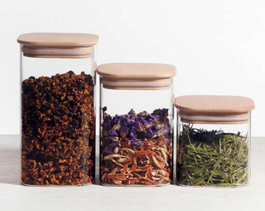 Borosilicate Hermetic Glass Jars Straight Square Glass Canisters With Bamboo Caps For Tea Candy Coffee Grains
