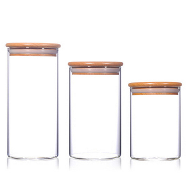 Borosilicate glass storage jar with bamboo lid for tube shaped glass storage jar for glass spice jar with wooden lid