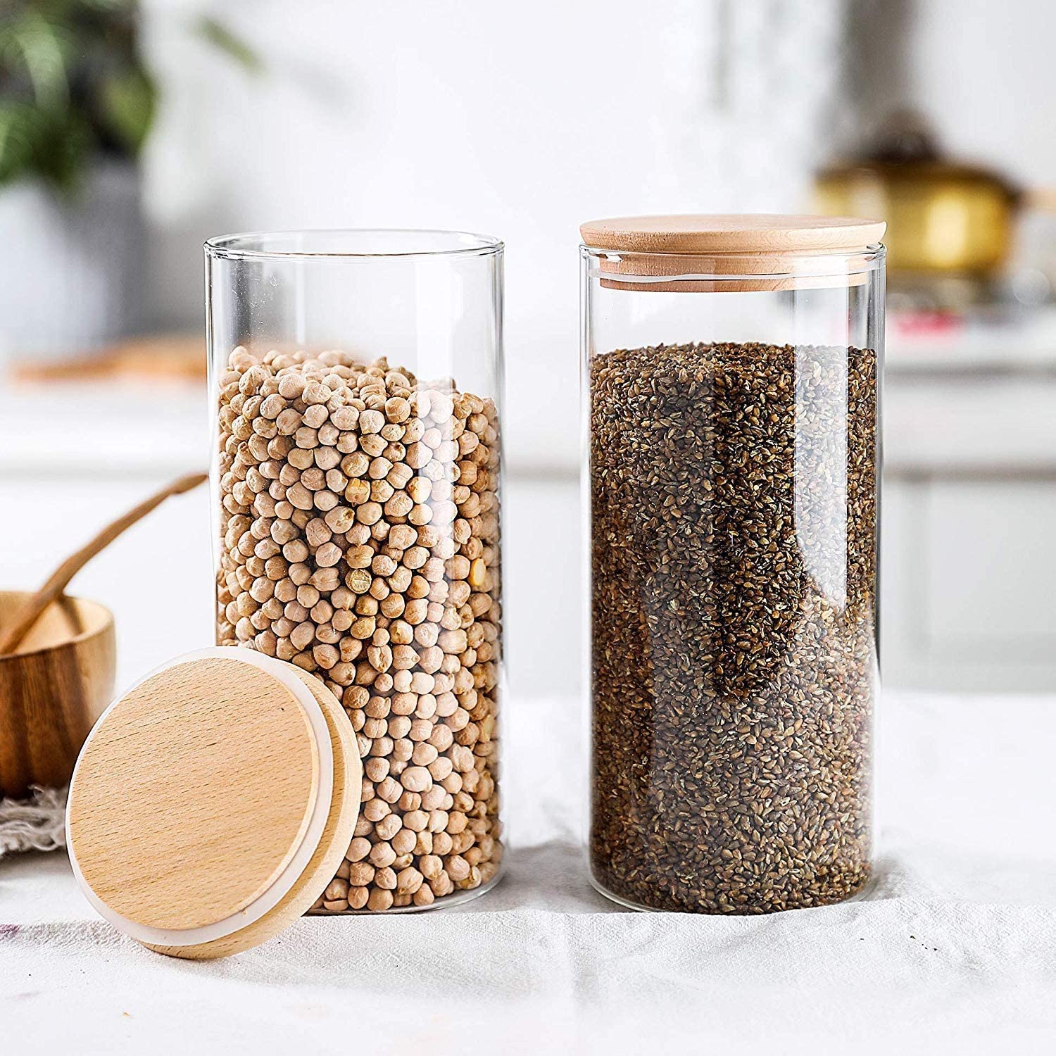 Borosilicate glass storage jar with bamboo lid for tube shaped glass storage jar for glass spice jar with wooden lid