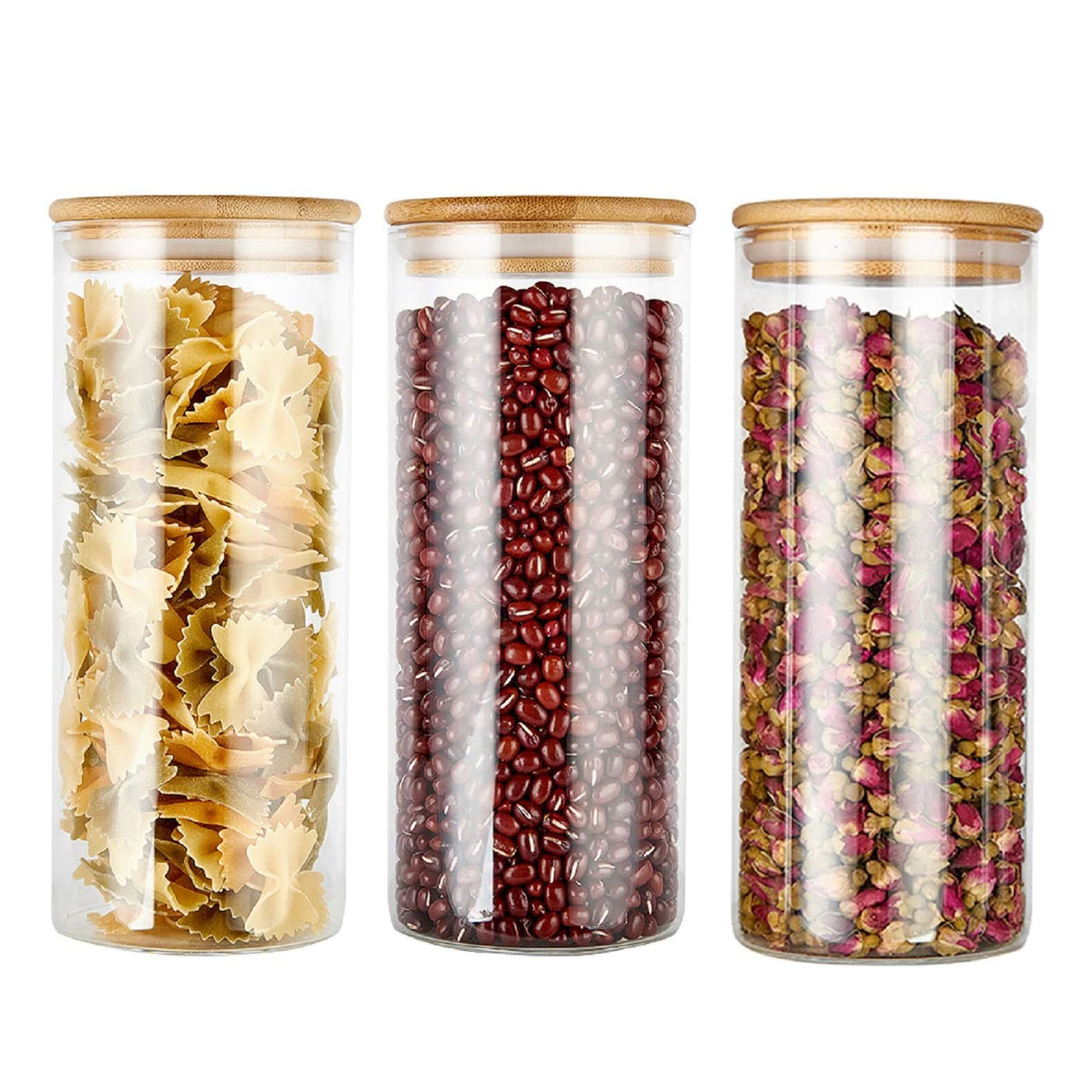 Borosilicate glass storage jar with bamboo lid for tube shaped glass storage jar for glass spice jar with wooden lid