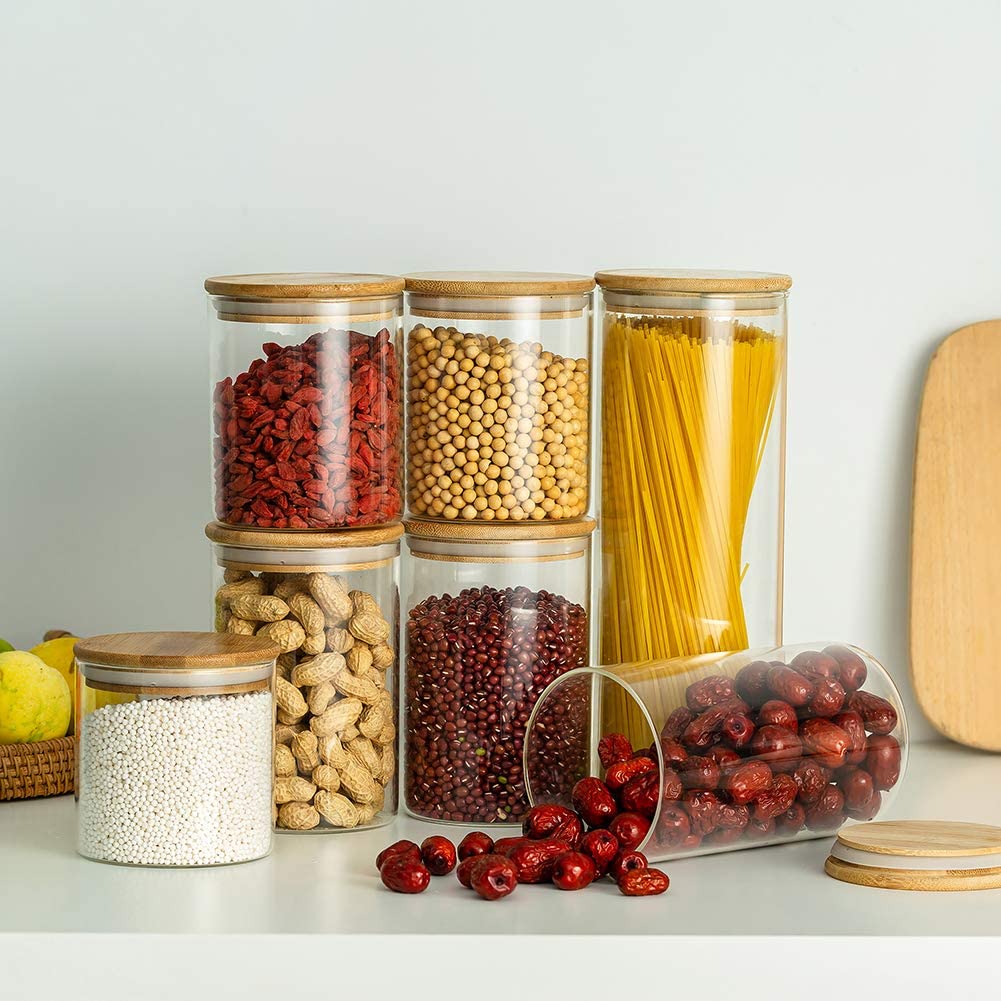 Borosilicate glass storage jar with bamboo lid for tube shaped glass storage jar for glass spice jar with wooden lid