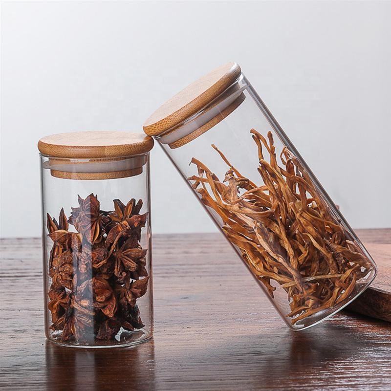 Borosilicate glass storage jar with bamboo lid for tube shaped glass storage jar for glass spice jar with wooden lid