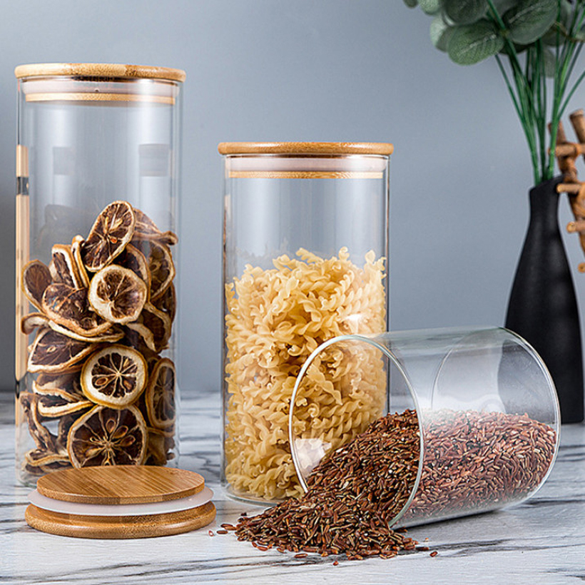 Borosilicate glass storage jar with bamboo lid for tube shaped glass storage jar for glass spice jar with wooden lid