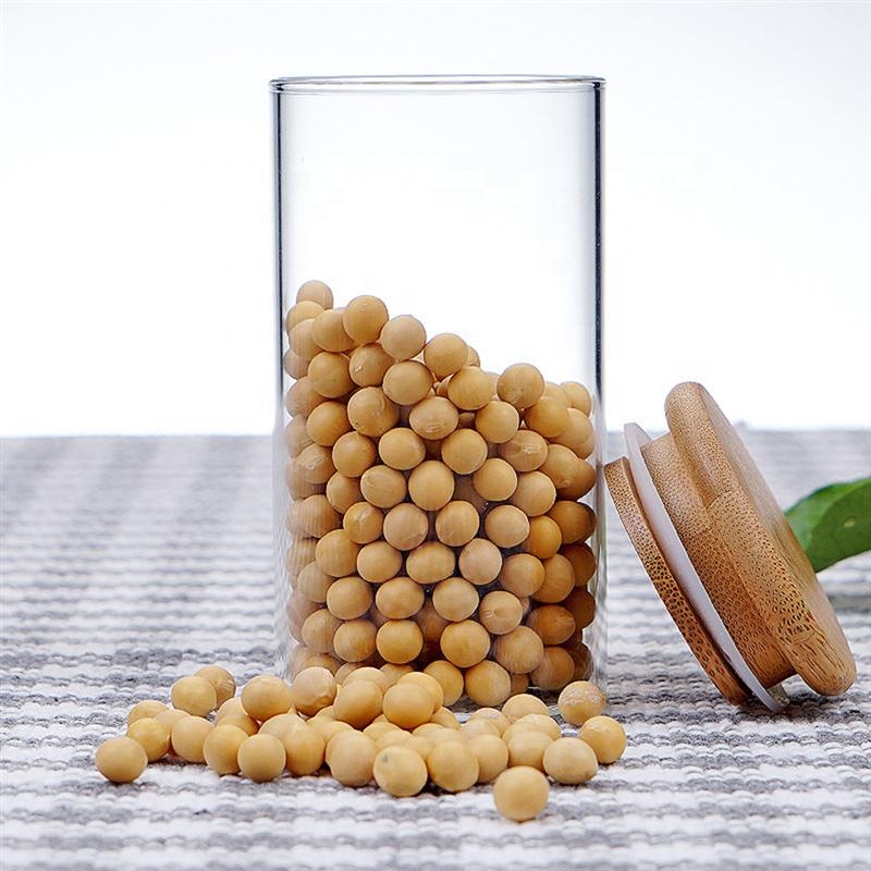 Borosilicate glass storage jar with bamboo lid for tube shaped glass storage jar for glass spice jar with wooden lid