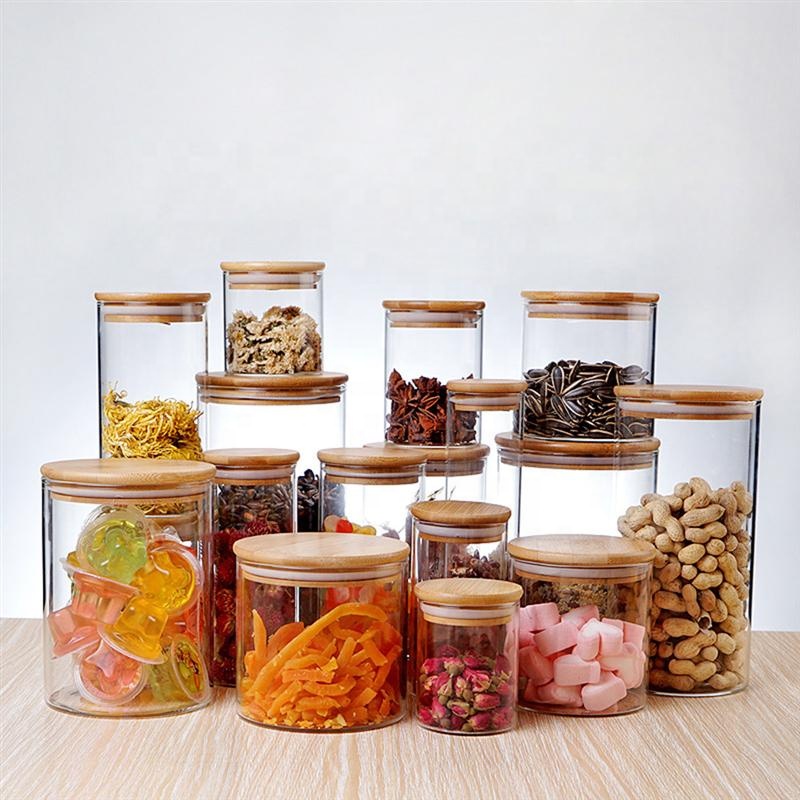 Borosilicate glass storage jar with bamboo lid for tube shaped glass storage jar for glass spice jar with wooden lid