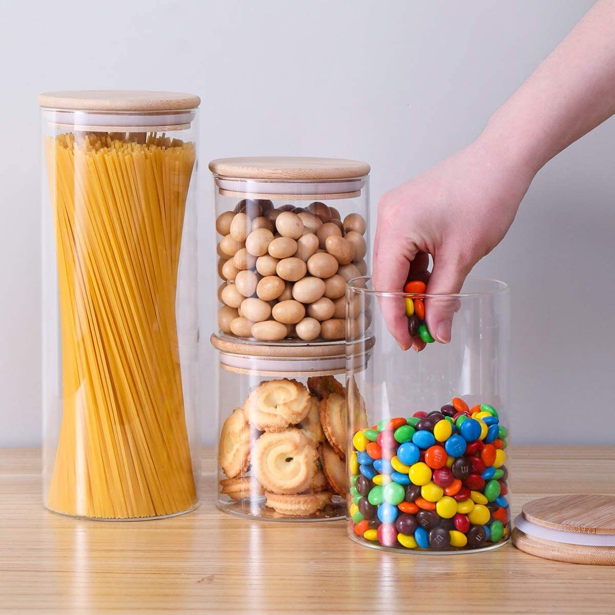 Borosilicate glass storage jar with bamboo lid for tube shaped glass storage jar for glass spice jar with wooden lid