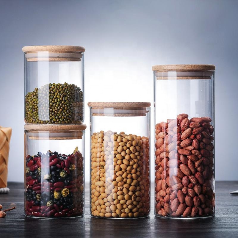 Borosilicate glass storage jar with bamboo lid for tube shaped glass storage jar for glass spice jar with wooden lid