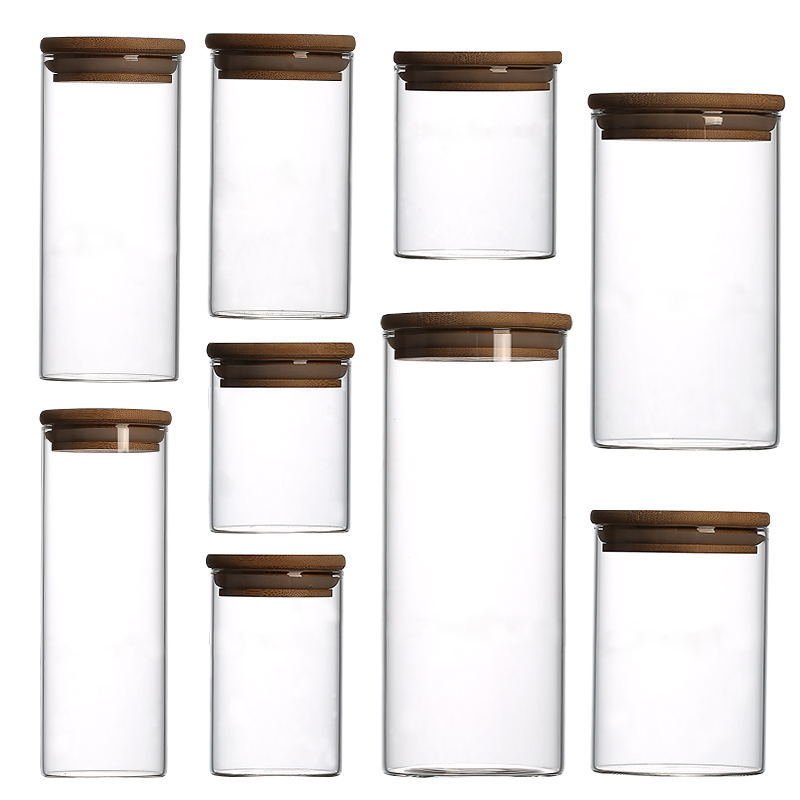 Borosilicate glass storage jar with bamboo lid for tube shaped glass storage jar for glass spice jar