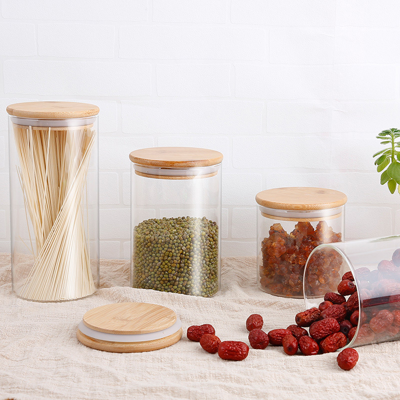 Borosilicate glass storage jar with bamboo lid for tube shaped glass storage jar for glass spice jar