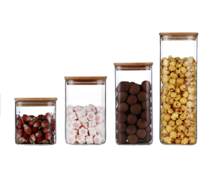 Borosilicate glass storage jar with bamboo lid for tube shaped glass storage jar for glass spice jar