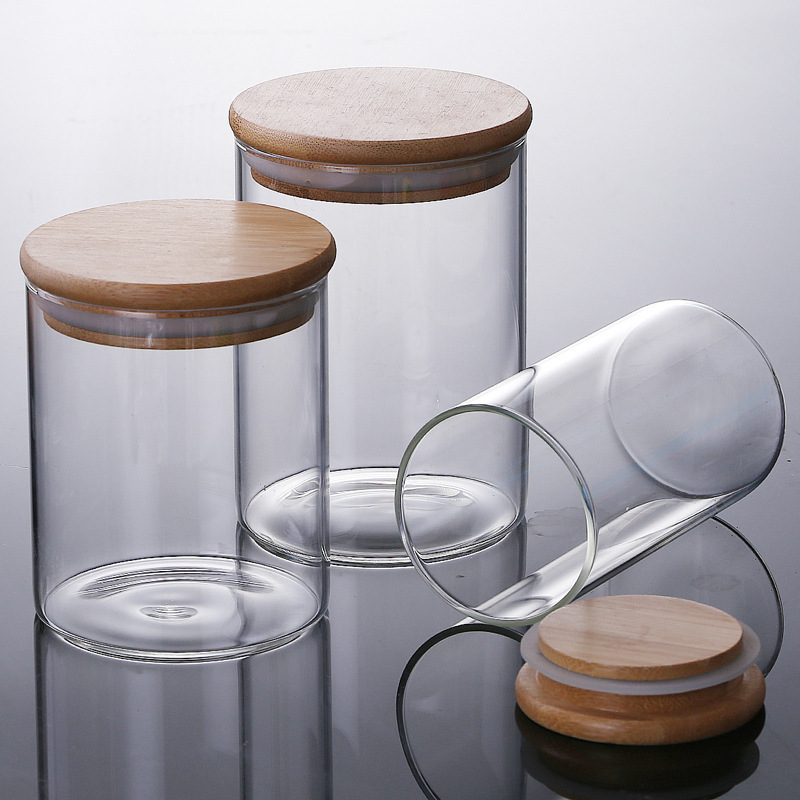 Borosilicate glass storage jar with bamboo lid for tube shaped glass storage jar for kitchen canister sets