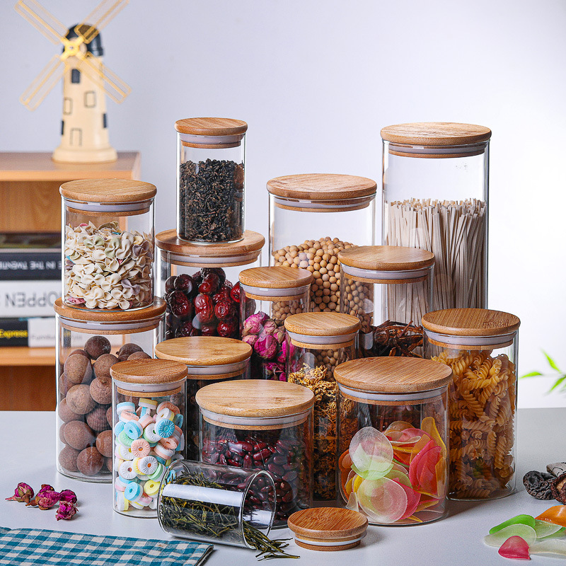 Borosilicate glass storage jar with bamboo lid for tube shaped glass storage jar for kitchen canister sets