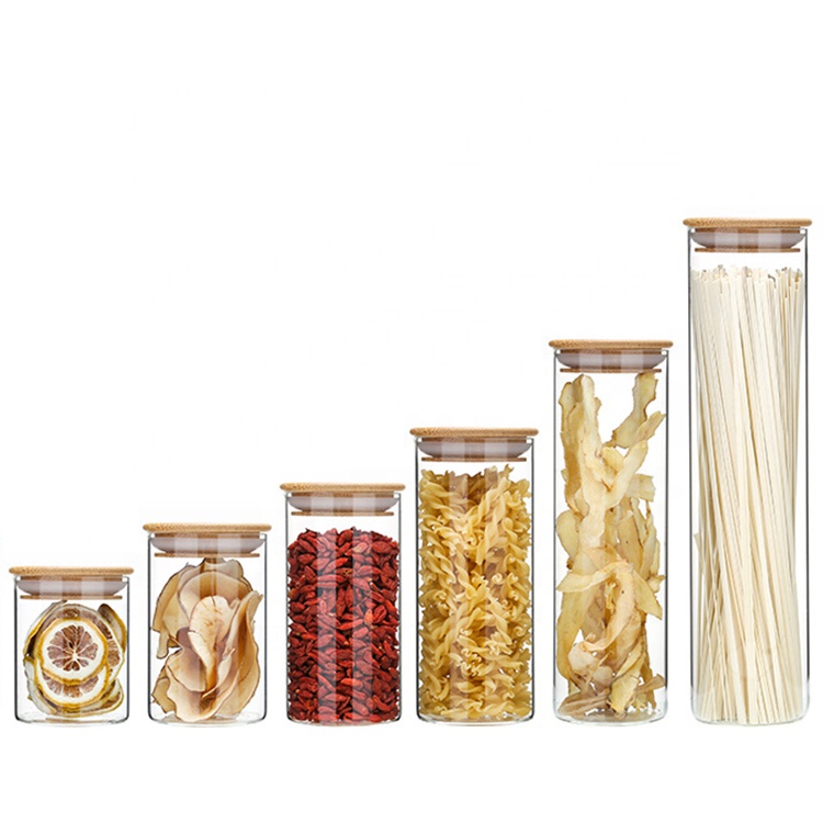 Borosilicate glass storage jar with bamboo wooden lid tube shaped airtight glass container for food Multigrain nut tea leaves