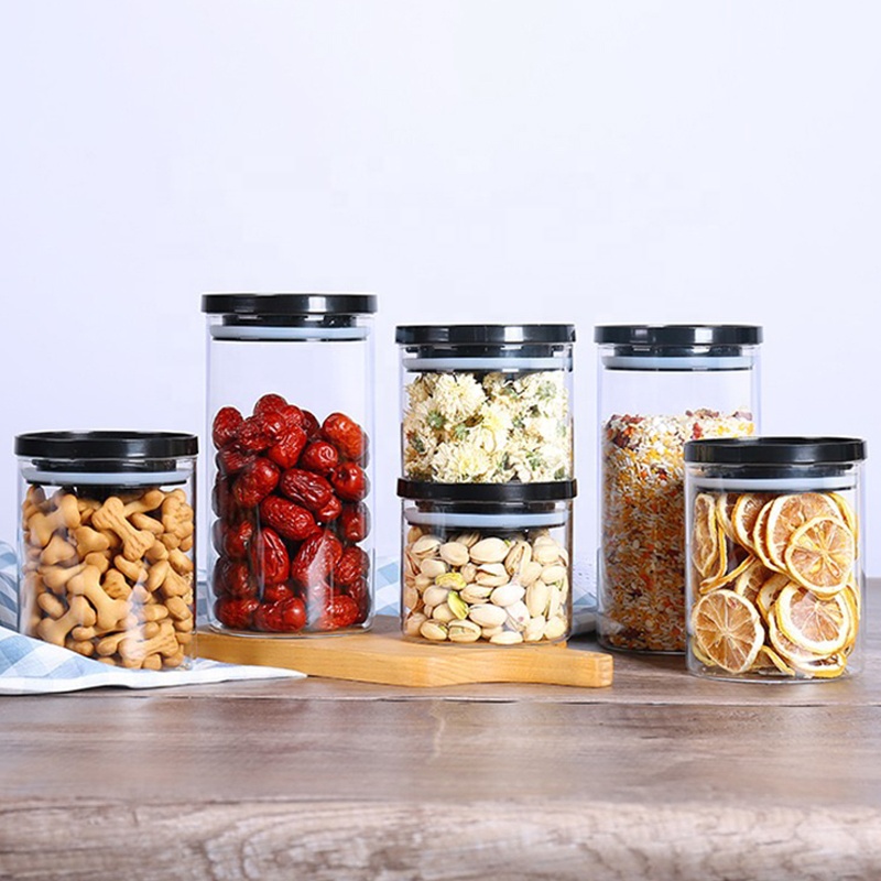 Borosilicate glass storage jar with plastic lid for tube shaped glass storage jar for glass spice jar with plastic lid