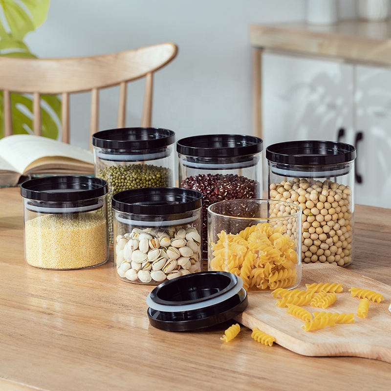 Borosilicate glass storage jar with plastic lid for tube shaped glass storage jar for glass spice jar with plastic lid