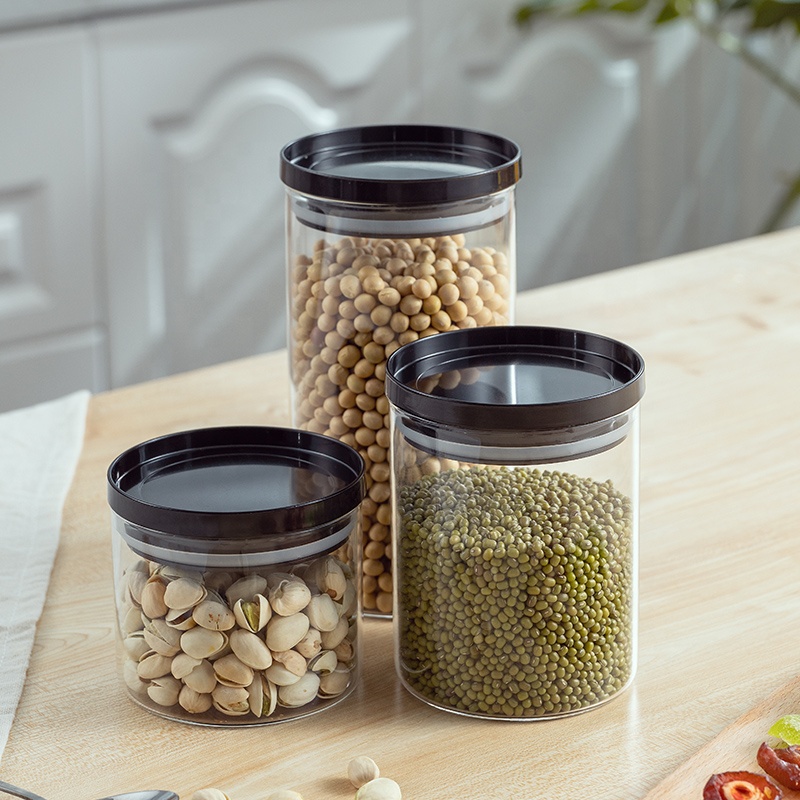 Borosilicate glass storage jar with plastic lid for tube shaped glass storage jar for glass spice jar with plastic lid