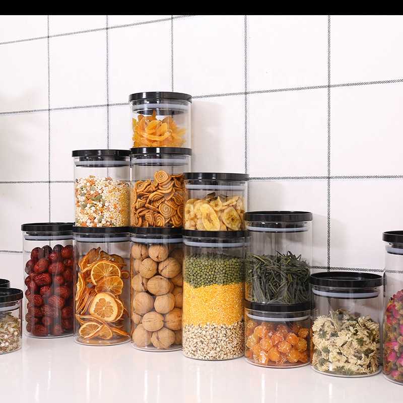 Borosilicate glass storage jar with plastic lid for tube shaped glass storage jar for glass spice jar with plastic lid
