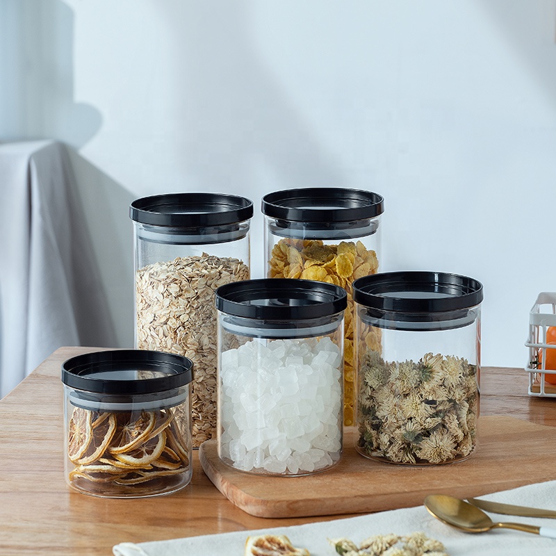 Borosilicate glass storage jar with plastic lid for tube shaped glass storage jar for glass spice jar with plastic lid