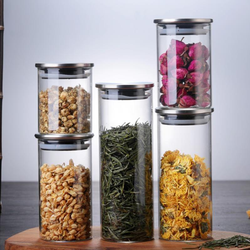 Borosilicate glass storage jar with stainless steel spice glass jar