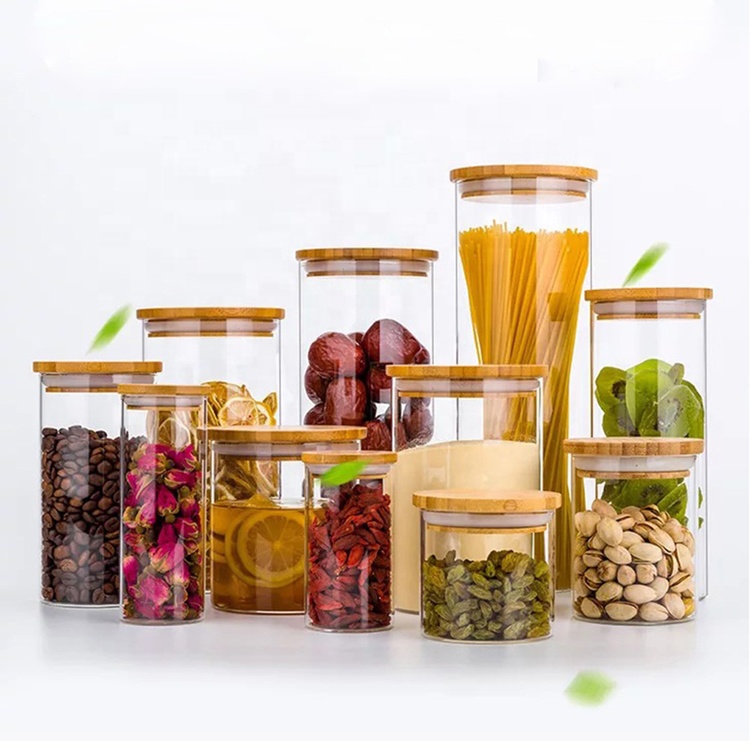 Borosilicate large kitchen glass storage jar with bamboo lid for spice food tea coffee cookie canning