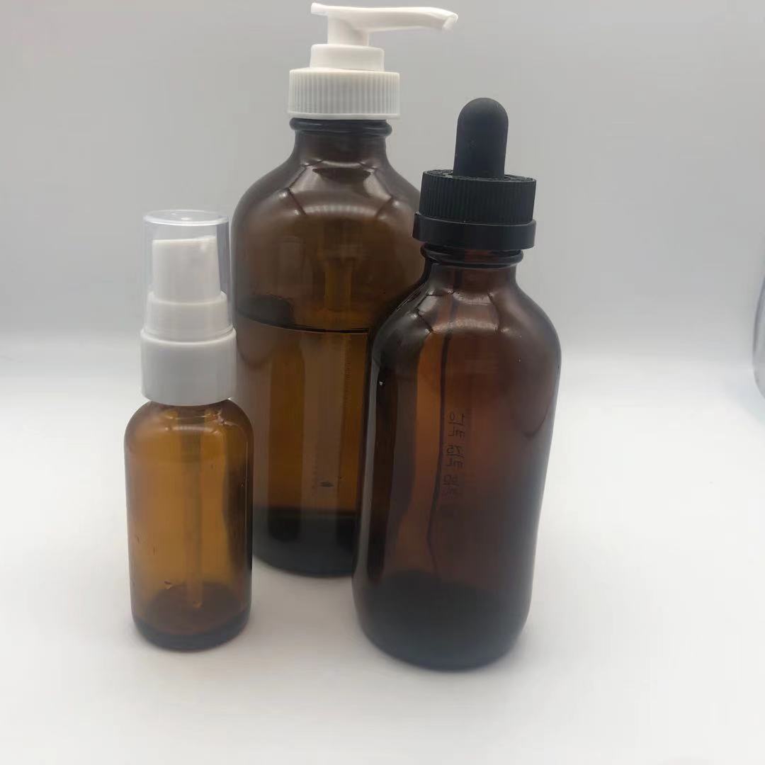 Boston Round 2 oz 4 oz 8 oz 16 oz Different Lid Amber Spray Glass Bottle with Trigger Spray Top