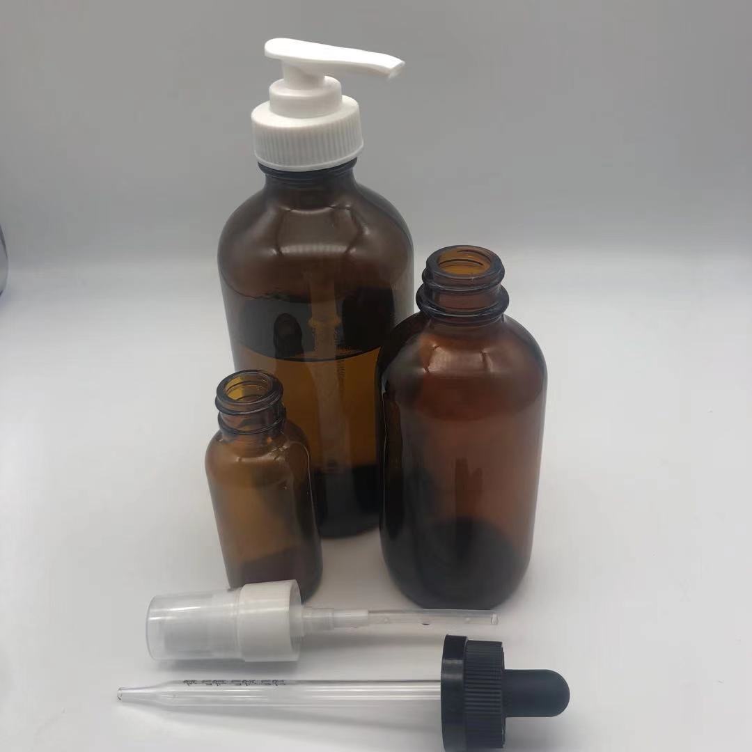 Boston Round 2 oz 4 oz 8 oz 16 oz Different Lid Amber Spray Glass Bottle with Trigger Spray Top