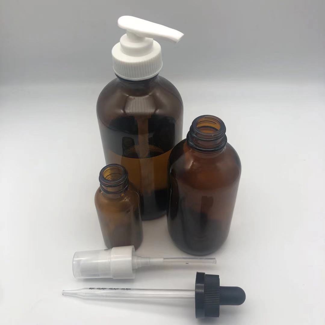 Boston Round 2 oz 4 oz 8 oz 16 oz Different Lid Amber Spray Glass Bottle with Trigger Spray Top