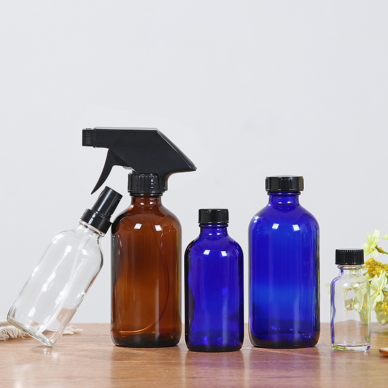 Boston glass spray trigger bottle 250ml 500ml perfume cleanser liquid detergent amber glass bottle dispenser