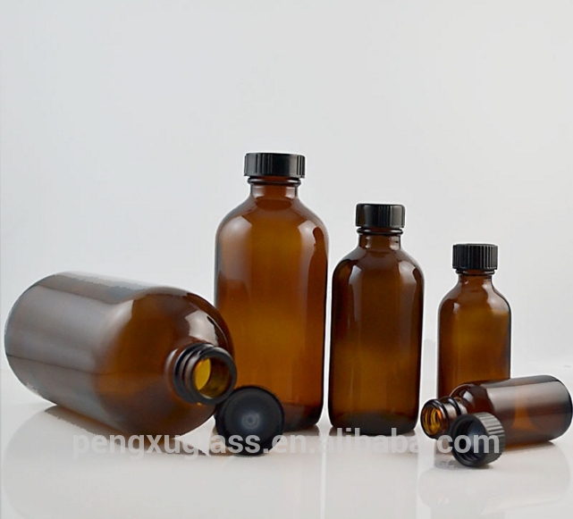 Boston round amber colored 1oz 2oz 4oz 8oz 16oz essential oil bottle glass with bakelite cap