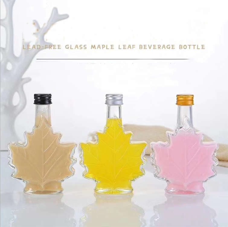 Botellas De Cristal Milk Tea Botol Kaca 100ml Glass Maple Leaf Shaped Milk Juice Bottle for Beverage