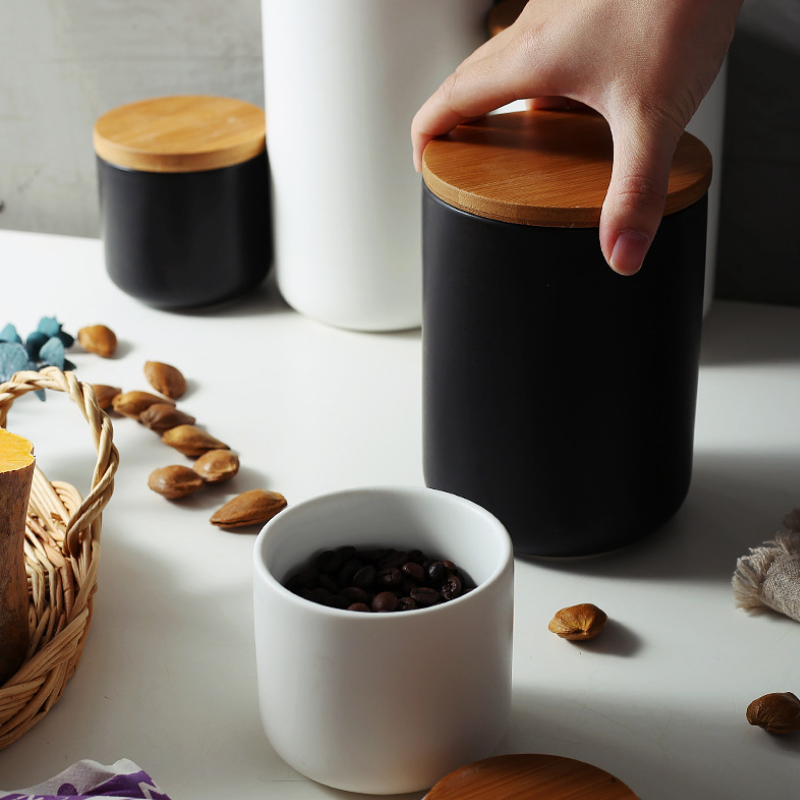 Bottle Ceramic Storage Tank Sealed Coffee Storage Bottle with Wood Lid Spice Jar Container Tea Pot Grain Organizer