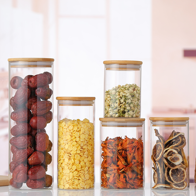 Bottle With Airtight Bamboo Lid High Borosilicate Clear Glass Food Storage Container Honey Jar