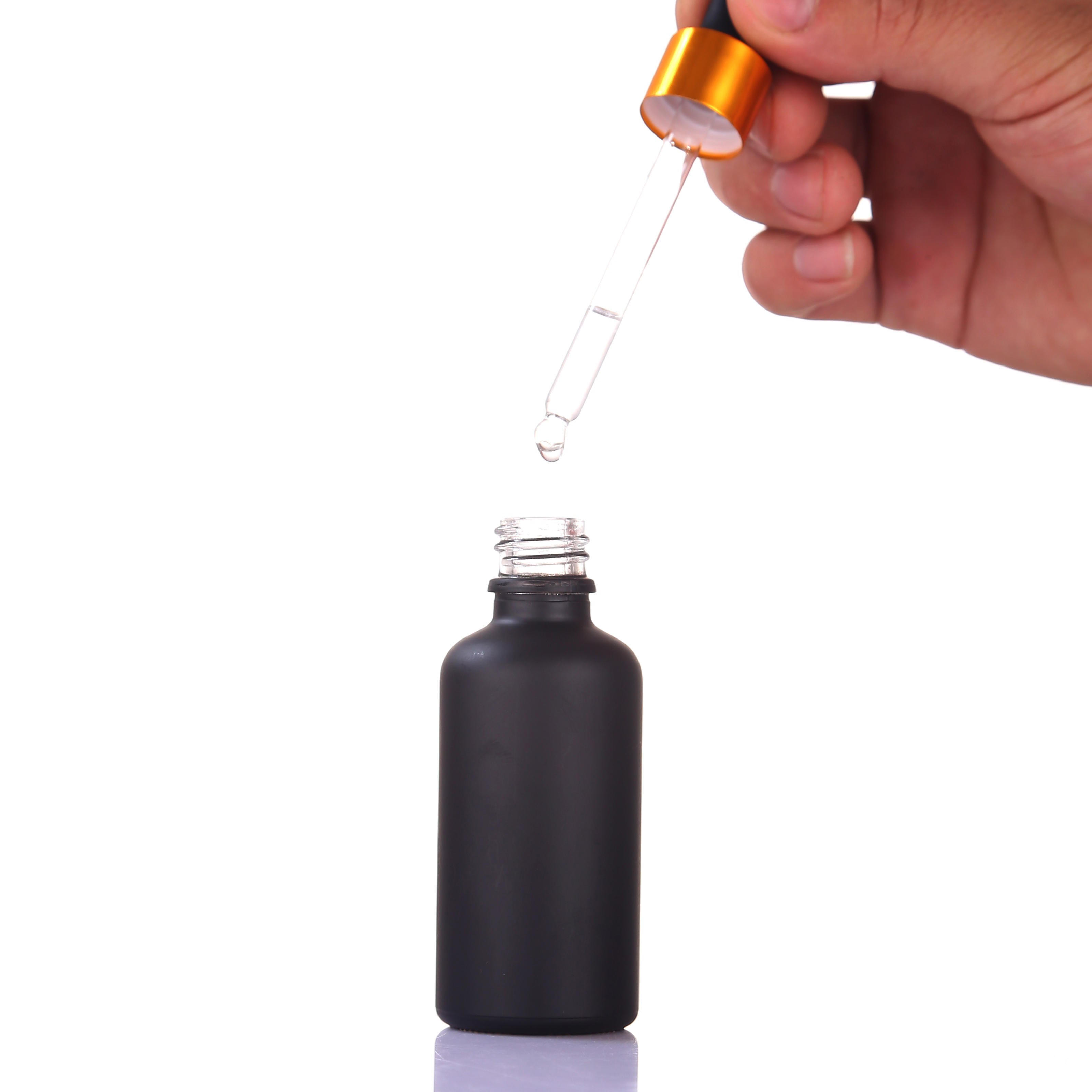 Bottle for sale luxury cosmetic packaging 1oz gold serum dropper bottle matte frosted black glass bottles with gold aluminum cap