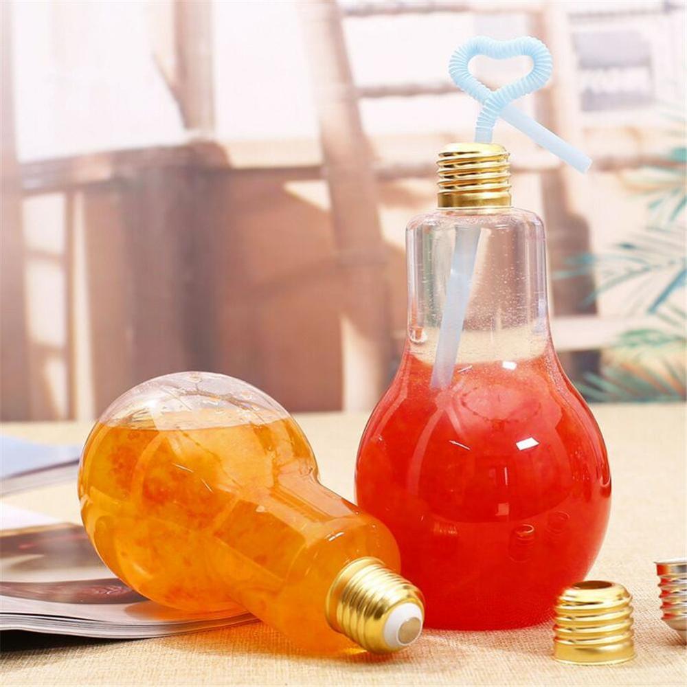 Bulb shaped beverage glass bottle with lid for home shop with milk tea fruit juice drink lamp bottle
