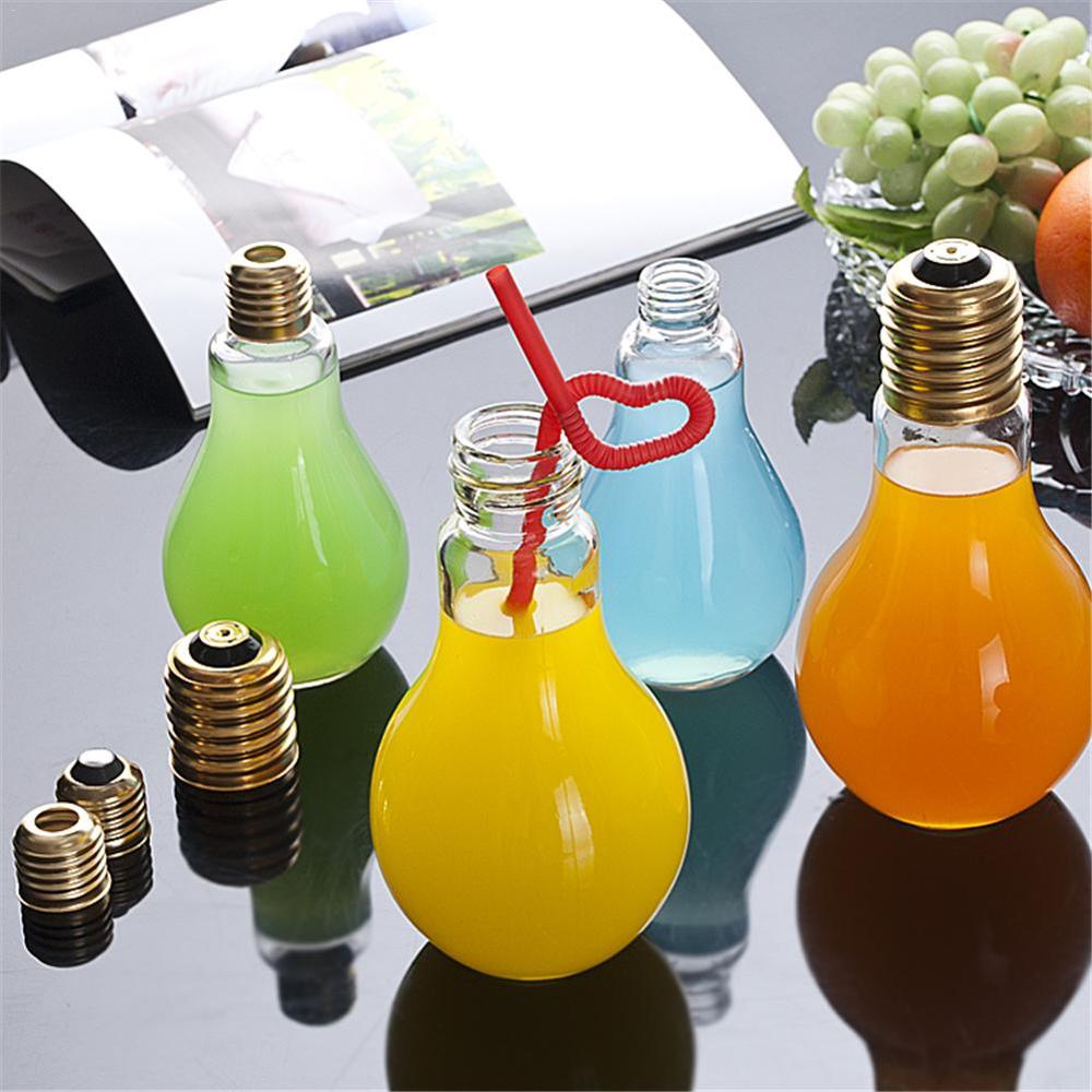 Bulb shaped beverage glass bottle with lid for home shop with milk tea fruit juice drink lamp bottle