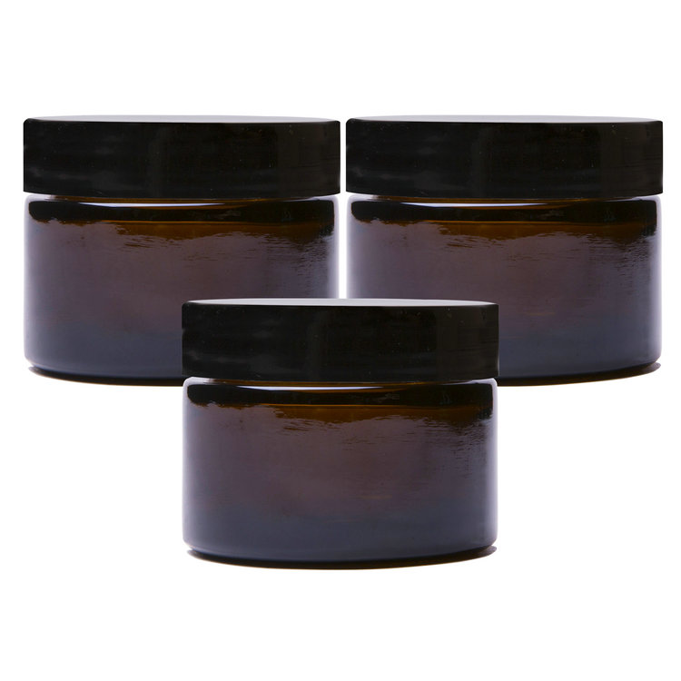 Bulk 1 oz 30 ml Amber Glass Cosmetic Cream Jars with Black Plastic Lids
