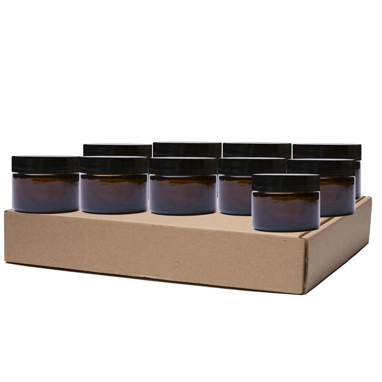 Bulk 1 oz 30 ml Amber Glass Cosmetic Cream Jars with Black Plastic Lids