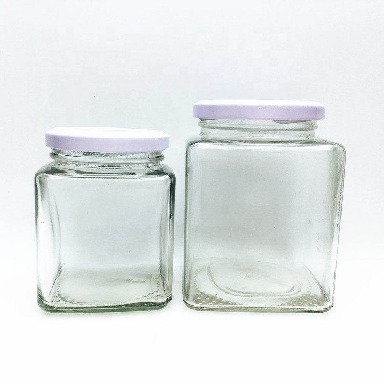 Bulk 280ml 500ml square glass honey jar with metal lid