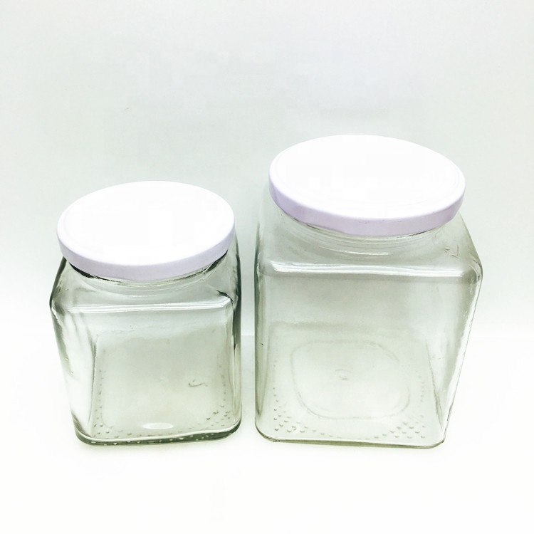 Bulk 280ml 500ml square glass honey jar with metal lid