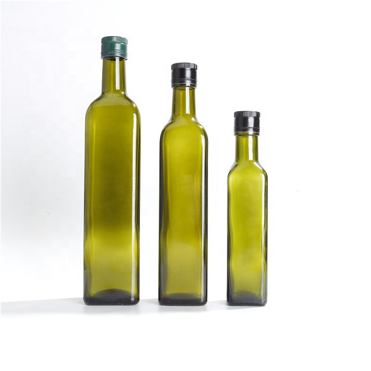 Bulk Empty 250ml 500ml 750ml Green Square Olive Oil Glass Bottles With Pourer And Aluminium Caps